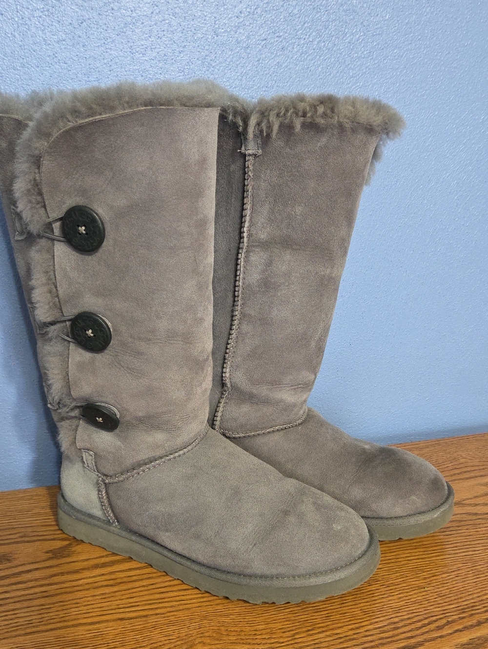 UGG Women's Tall Grey Suede Shearling Button Boots